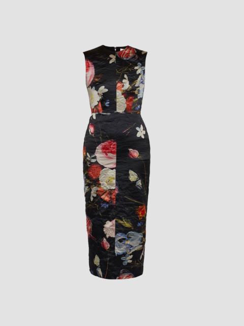 Erdem FLORAL PRINT TEXTURED SATIN SLEEVELESS MIDI DRESS