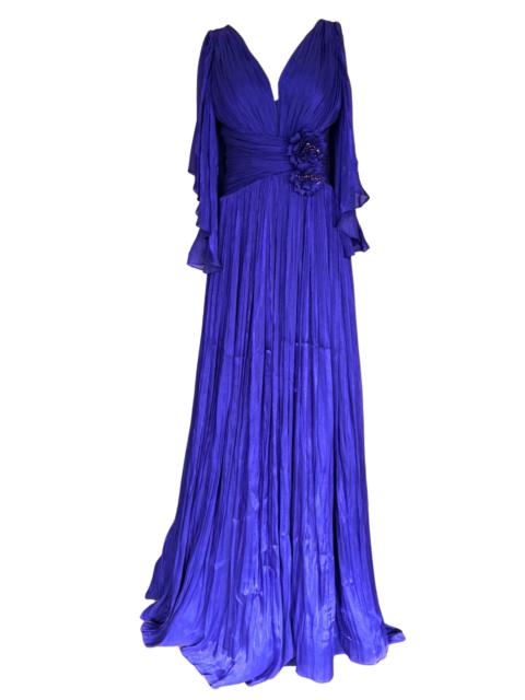 Other Designers Elegant Chiffon Evening Dress Gown with Floral Brooch in Blue