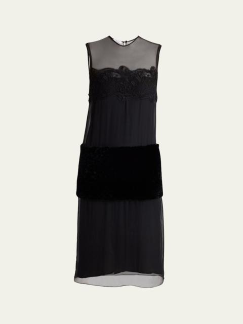 FERRAGAMO Silk Chiffon Velvet Panel Sleeveless Midi Dress