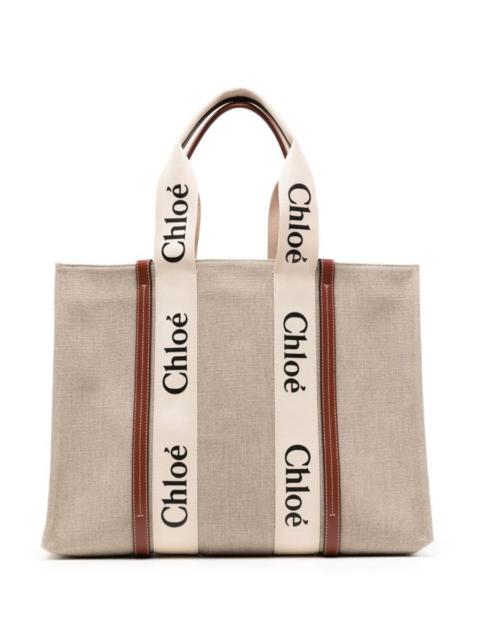 CHLOÉ WOODY CANVAS AND LEATHER TOTE BAG