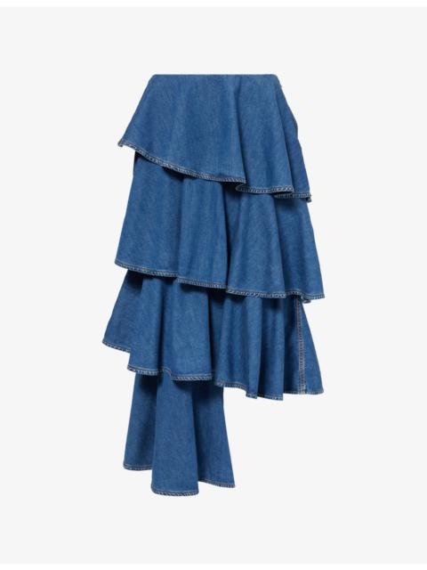 Alaïa Spiral Tiered Denim Maxi Skirt