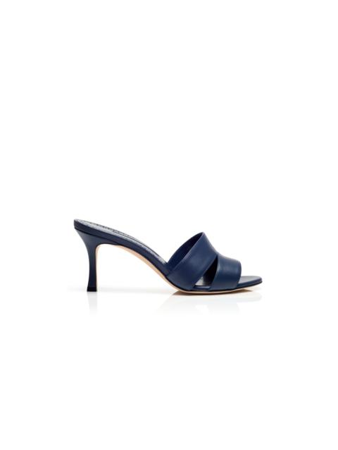 Manolo Blahnik Navy Blue Calf Leather Open Toe Mules