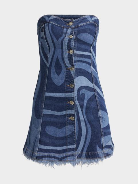 Strapless Marmo-Print Denim Button-Front Mini Dress