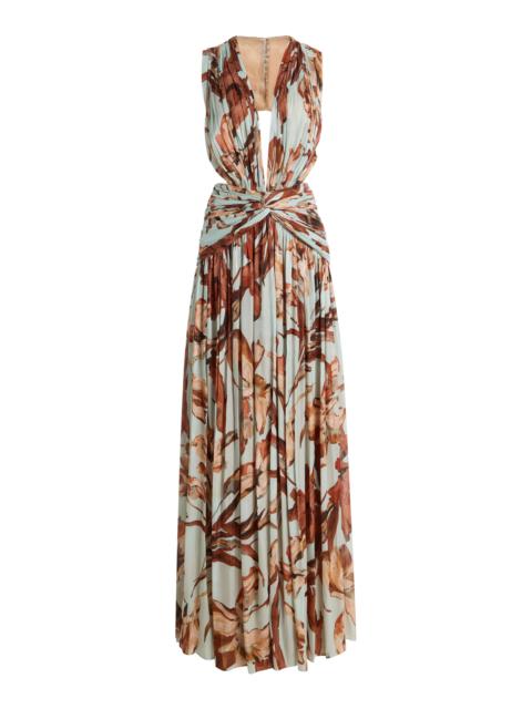 COSTARELLOS Amarielle Ruched Floral Lurex-Georgette Gown multi