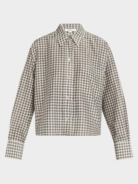 Vince Long-Sleeve Cropped Cotton-Silk Gingham Shirt