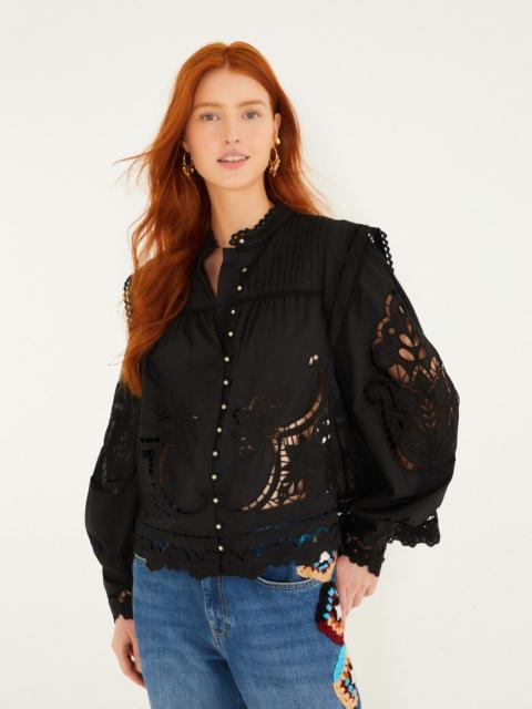 FARM RIO Black Richelieu Puff Sleeve Organic Cotton Blouse