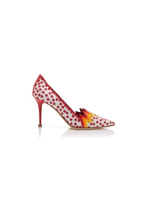 Manolo Blahnik Red and White Linen Polka Dot Pumps