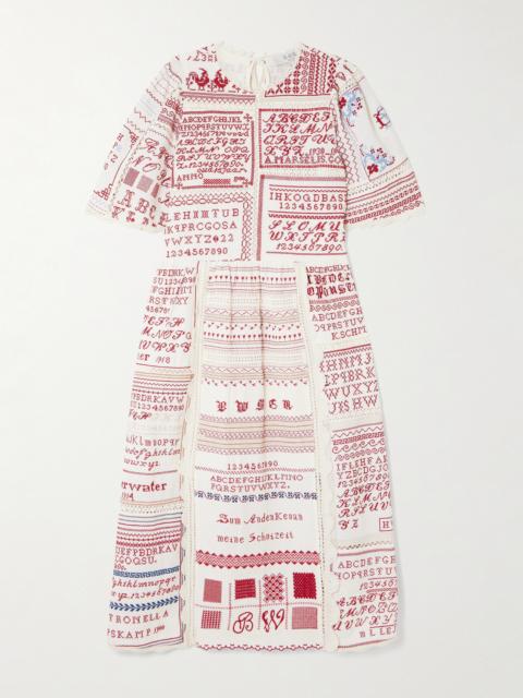 Sea Kit Scalloped Crochet-trimmed Embroidered Cotton And Linen-blend Midi Dress