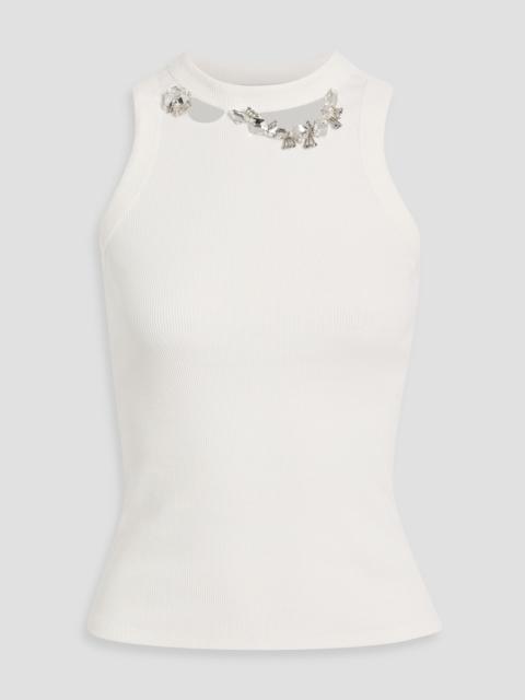 AREA Crystal-embellished distressed ribbed cotton-blend jersey tank