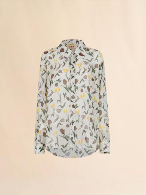 Marni CREAM CHIFFON SHIRT WITH TULIPS AND HARES PRINT
