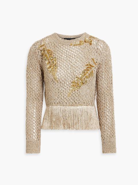 Oscar de la Renta Cropped fringed metallic open-knit top