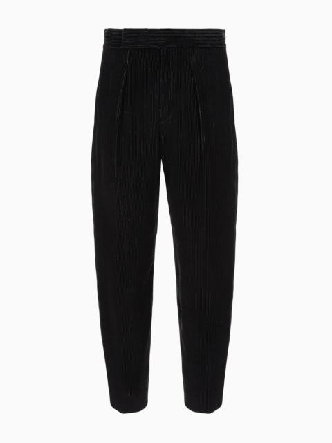 Giorgio's shiny, pinstriped velvet single-pleat trousers