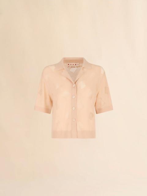 Marni PALE PEACH WOOL-SILK KNIT OPENWORK SHIRT