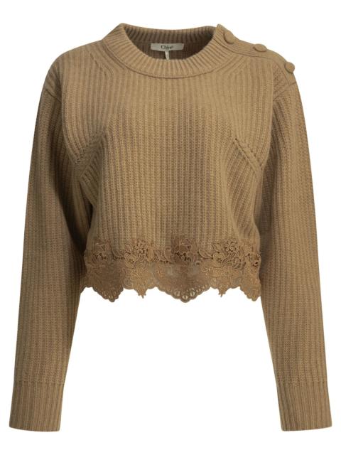 Chloé Chloé Crew-neck Sweater with Lace Brown