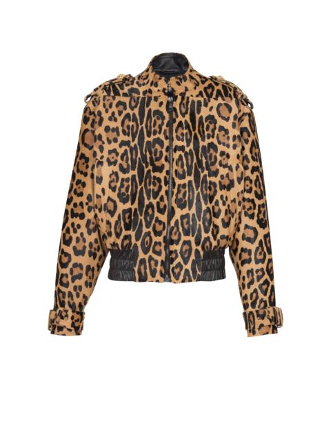 Balmain Ponyskin-style leather bomber jacket with leopard pattern