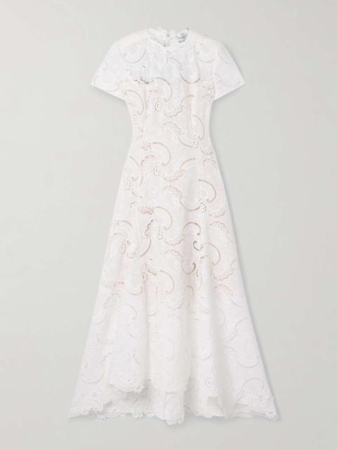 Scroll asymmetric guipure lace midi dress White