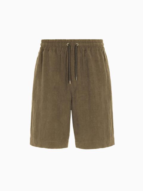 Pure linen canvas flat-front Bermuda shorts