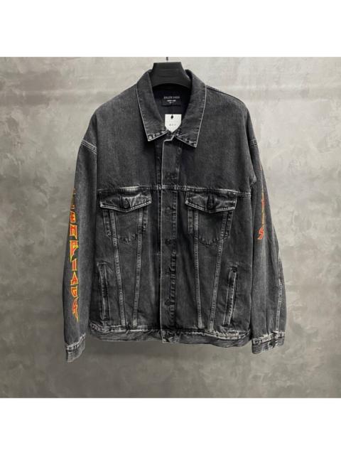 BALENCIAGA Balenciaga Black and Grey Collared Denim Jacket with Printed Logo Pattern