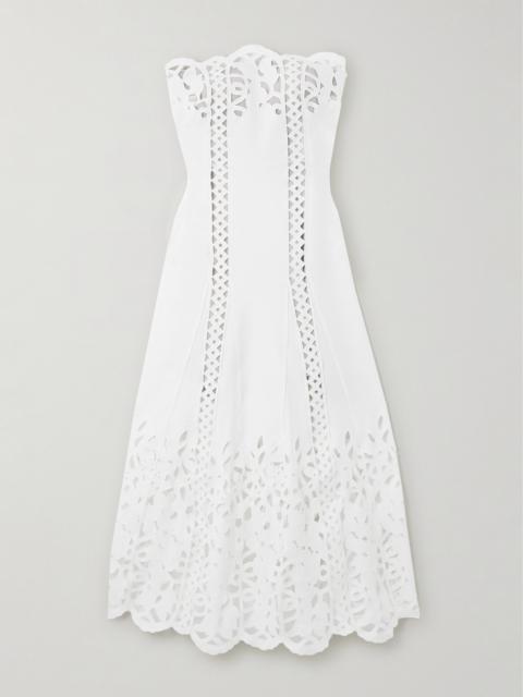 Oscar de la Renta Strapless Broderie Anglaise Midi Dress