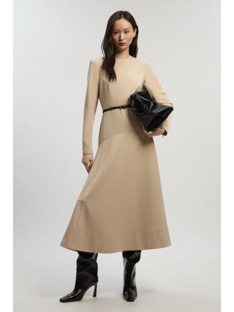 KAREN MILLEN Twill Drop Waist Detail Long Sleeve Belted Woven Midi Dress