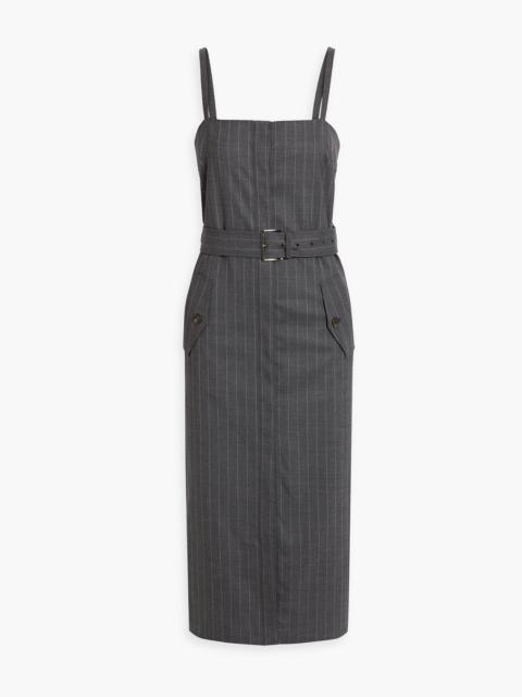 Brunello Cucinelli Belted pinstriped wool-blend midi dress