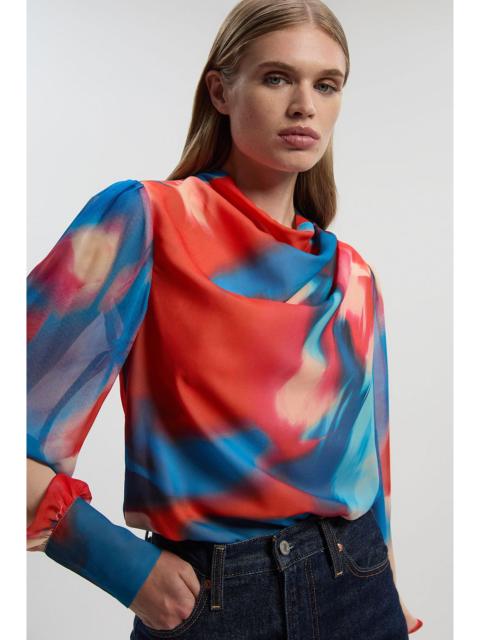 KAREN MILLEN Georgette Draped Blur Print Woven Blouse