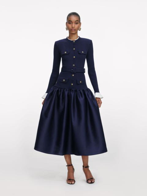 self-portrait Navy Knit Taffeta Midi Dress