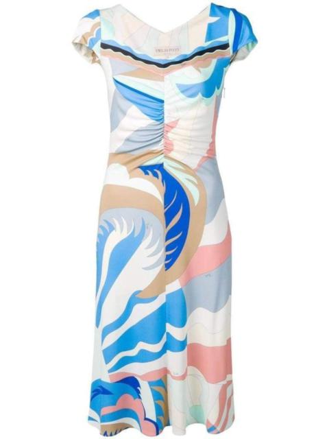 PUCCI Blue Acapulco Print Gathered Silk Blend Dress