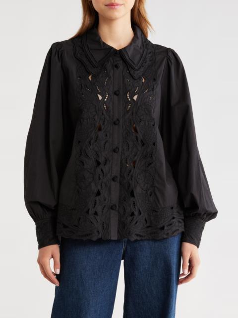 FARM RIO FARM Rio Embroidered Eyelet Puff Sleeve Button-Up Shirt in Black at Nordstrom