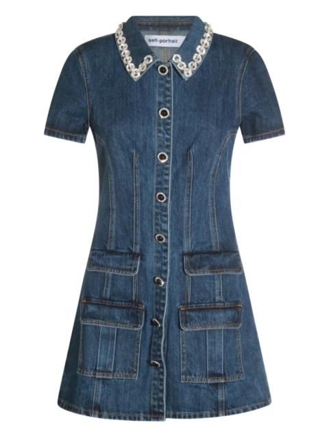 self-portrait Denim Crystal Trim Collared Mini Dress