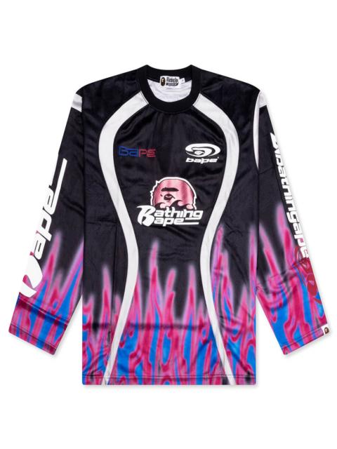 A BATHING APE® FLAME PATTERN MULTILOGO RELAXED FIT FOOTBALL JERSEY - BLACK