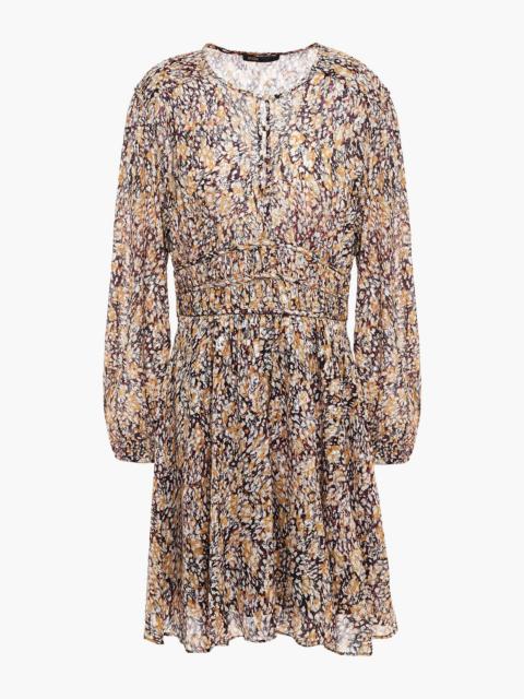maje Gathered printed metallic fil coupé dress
