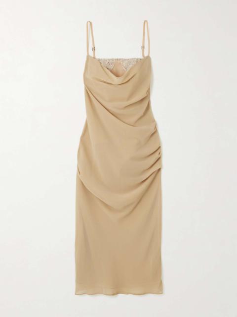 Crystal-embellished draped crepe midi bustier dress Beige