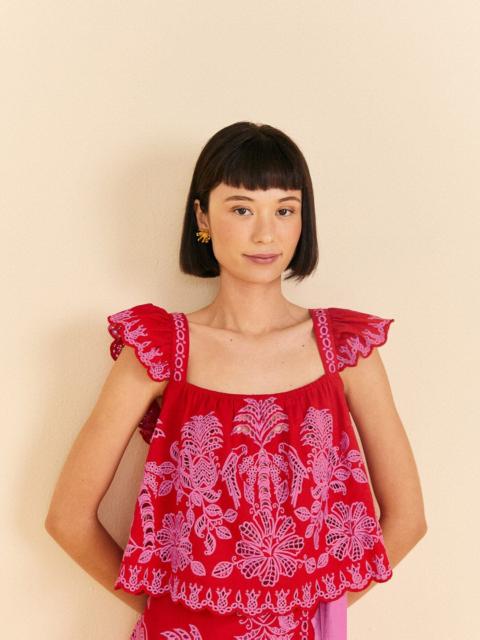 FARM RIO Red Palm Tree Richelieu Blouse