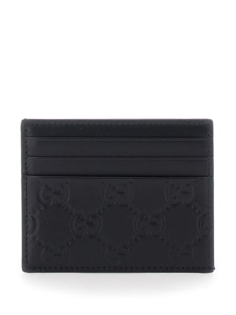 GUCCI Gucci Men 'Emblem' Black Card Holder With All-Over Embossed Gg Motif In Leather Man