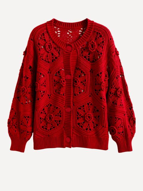 FARM RIO Red Crochet Flower Knit Cardigan