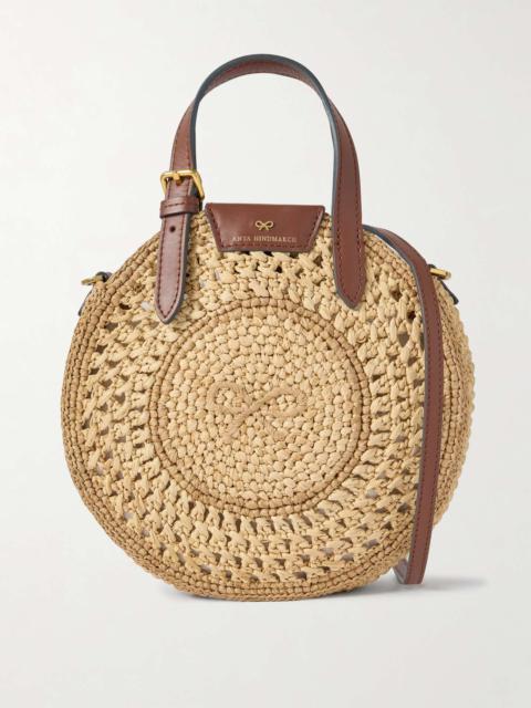 Small leather-trimmed crocheted raffia tote Neutral