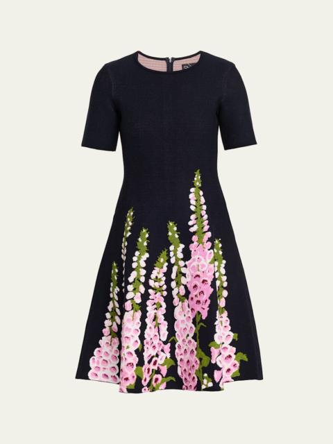Oscar de la Renta Foxglove Jacquard Knit Short-Sleeve Mini Dress