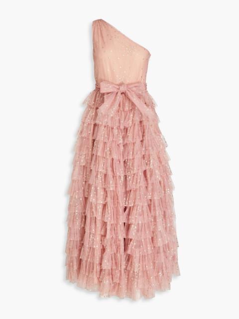 REDValentino One-shoulder tiered glittered tulle midi dress