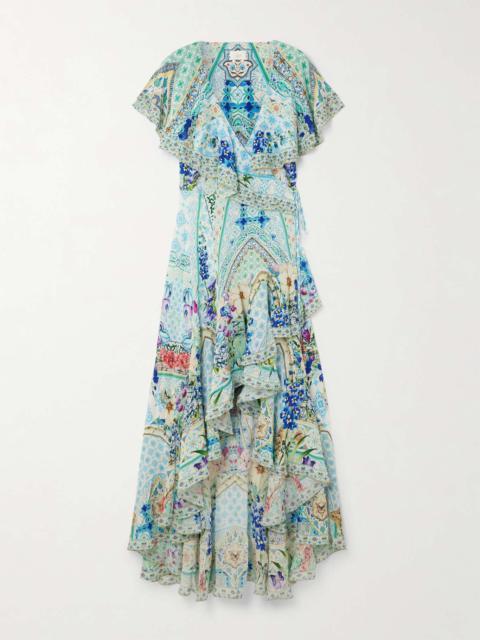 Asymmetric crystal-embellished ruffled silk maxi wrap dress Blue