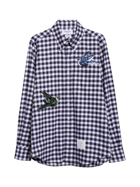 Thom Browne Thom Browne Bird Appliqué Gingham Straight Fit Cotton Flannel Button-Down Shirt in Navy at Nordstrom