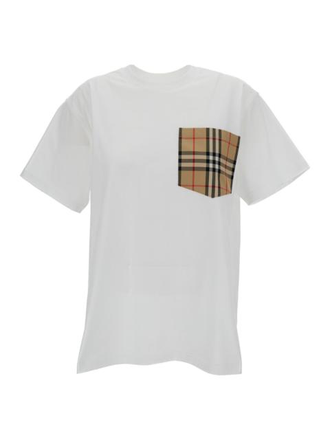 Burberry Women White Crewneck T-Shirt With Check Pocket In Cotton Woman
