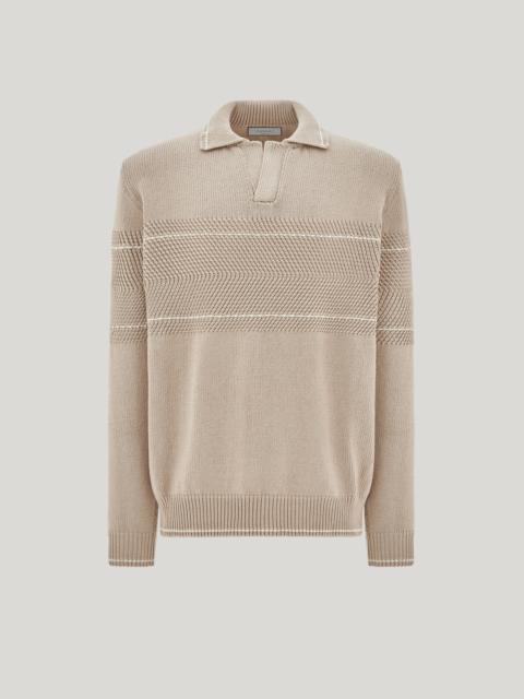 Canali BEIGE LONG-SLEEVED COTTON POLO SHIRT WITH CONTRASTING STITCHING