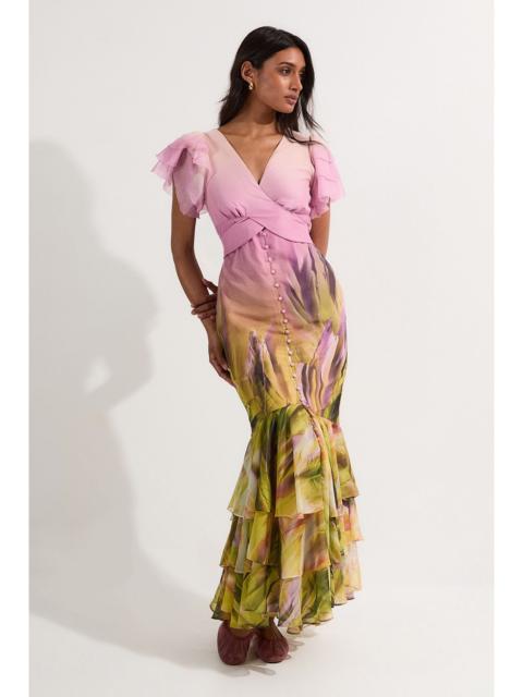 KAREN MILLEN Ombre Floral Ruffle Sleeve Button Through Maxi Dress