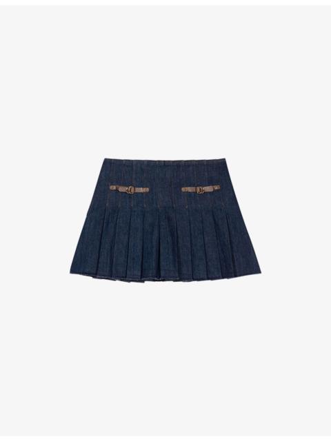 maje Contrast-Trim Pleated Stretch-Denim Mini Skirt