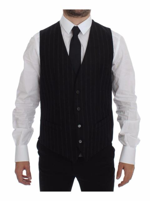 Dolce & Gabbana Black Striped Wool Logo Vest Gilet Weste