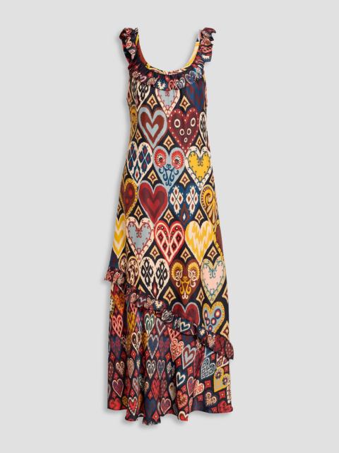 FARM RIO Ruffled printed satin midi dress