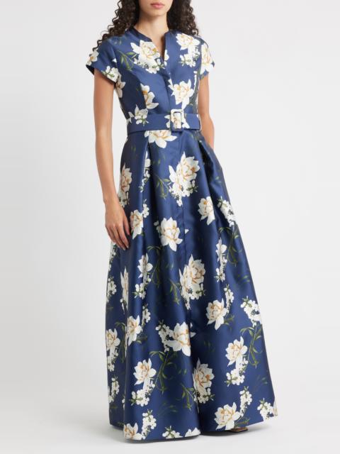 SACHIN & BABI Sachin & Babi Marta Floral Belted Gown in Navy Narcissus at Nordstrom