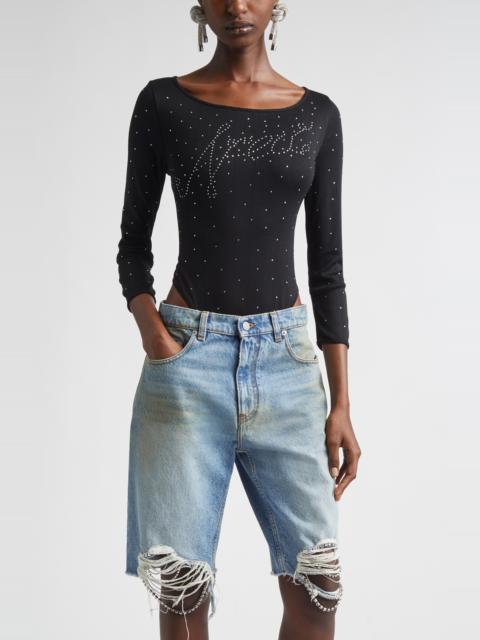 AREA Area Ballerina Crystal Embellished Logo Pointelle Bodysuit in Black at Nordstrom