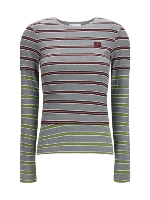 GANNI Ganni Double-Sleeve Striped Cotton T-shirt Port Royale